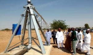 Governor Kashim Shettima of Borno State (3rd-left),inspecting a unit of Centre Pivot Irrigation Equipment, being installed by an American Agro Firm at a farm site on Maidugurikonduga Road under the gricultural transformation programme recently. The unit moves in circle to water crops in dry Season. Photo: NAN