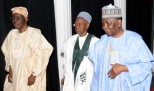  L-R: Former Head of Interim National Government, Chief Ernest Shonekan, former President, Alhaji Shehu Shagari and former Head of State, General Yakubu Gowon, at the Centenary Conference in Abuja last Thursday. 