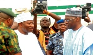 President Goodlock Jonathan (left), being received by Governor Abdulfath Ahmed of Kwara State at the Airport in Ilorin last Monday. Photo: NAN