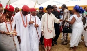 Governor Emmanuel Uduaghan of  Delta State (4th left), arriving for the grand civic reception in honour of former Chief of  Naval Staff, Vice Adm. Dele Ezeoba (rtd),  in Ibusa, Delta State recently. Photo NAN 