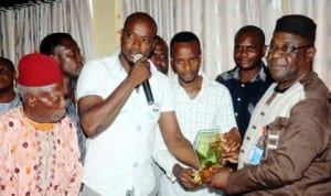 L-R: Group Leader, Oko Community in Anambra State, Nze Okolie; President, Oko Youth Movement, Mr Hilary Tochukwu; Secretary, Mr Ejindu Okoli and Rector, Federal Polytechnic, Oko, Prof. Godwin Onu, at the presentation of Award of Excellence to the Rector of the Polytechnic at Oko in Anambra State, last Monday   Photo NAN