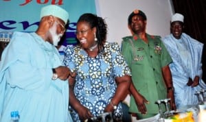 L-R:  Chairman of the occasion, Gen. Abdulsalami Abubakar, representative of the  governor of Rivers State, Mrs Ibim Semenitari,  representative of Chief of Army Staff, Brig.-Gen. Olajide Lalaye and  Chairman, Board of  Peoples Media Limited, Malam Wada Maida, at the  Peoples Media Limited  conference in Abuja, last Thursday. Photo: NAN.