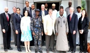 Director-General, National Emergency Management Agency,Alhaji Mohammed Sani (3rd right), with a delegation from US Department of Diplomatic Security Services, office of  Anti-Terrorism Assistance who visited NEMA in Abuja, last Wednesday