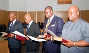 Non-statutory members of the Imo State  Judicial Service Commission taking oath of office at the Government House in Owerri, recently.