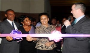 L-R: Vice Chancellor, University of Port Harcourt, Prof. Joseph Ajienka, Librarian, Dr Obiageli Nwodo, Public Affairs Officer, United States Consulate, Mrs Dehab Ghebreab and Consulate General,  Mr Jeffery Hawkins, inaugurating  American Corner at the University of Port Harcourt, last Thursday