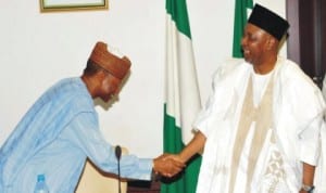 Vice-President Namadi Sambo (right), in a handshake with the Chairman, Tansmmission Companty of Nigeria (TCN), Mr Ibrahim  Waziri, at a meeting at the Presidential Villa in Abuja, recemtly. Photo:NAN