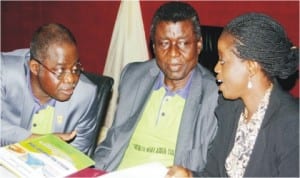 L-R: Director-General, Nigerian Institute of Medical Research, Prof. Innocent Ujah, President, Malaria Society of Nigeria, Dr John Babajide and representative of the World Health Organization (WHO), Dr Tolu Arowolo, at a symposium to mark the World Malaria Day in Lagos, last Friday