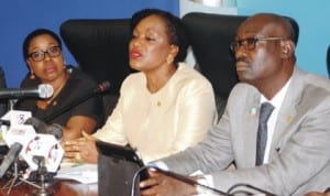 Director of Administration and Finance, Lagos Central Business District (CBD), Mrs Bolanle Owolabi, Special Adviser to Lagos State Governor on CBD, Mrs Derin Disu and her counterpart on Information and Strategy, Mr Lateef Raji, at a news conference on activities of CBD in the last one year in Lagos, last Wednesday.