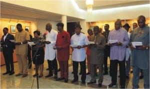 Newly appointed Caretaker Committee Chairmen of local government areas of Rivers State, taking their oath of office in Port Harcourt last Saturday.