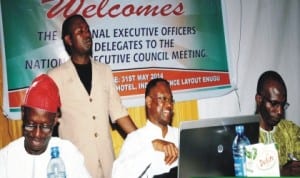 L-R: Executives of Association of Medical Laboratory Scientists of Nigeria, National Vice President, Alhaji Tojosi Raheem, Assistant Secretary, Abdulsalam Yakubu, President, Dr Godswill Okara and National Secretary, Mr Robert Ashi, during the associations' National Executive meeting in Enugu last Sunday. Photo: NAN