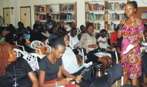 Guest speaker, Edem  Andah (right), speaking during a lecture on the importance of Freedom of Information Bill vis-a-vis Press Freedom for the Development of Democracy in Nigeria to mark World Press Freedom Day at the American Corner,  Ibadan, recently..