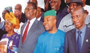 L-R: Minister of State for Foreign Affairs, Prof Viola Onwuliri, Vice Chancillor, University of Nigeria Nsukka (UNN), Prof Benjamin Ozumba, Deputy Speaker, House of Representatives, Chief Emeka Ihedioha and Executive Secretary, Tertiary Education Trust Fund, Prof Suleiman Bogoro at a colloquium in honour of late Prof Celestine Onwuliri at UNN, Enugu State, yesterday.