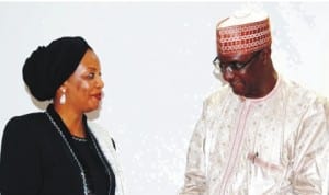 Acting Executive Secretary, National Investment Promotion Council, Alhaji Hassan Abubakar (right), handing over to his successor, Mrs Salamatu Umar, in Abuja,  recently. Photo: NAN