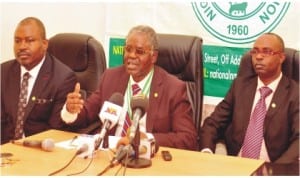 President, Nigerian Medical Association, Dr Kayode Obembe (middle), addressing a news conference on the association’s demands in Abuja, yesterday. With him are 1st Vice President, Dr Titus Ibekwe (left) and Secretary, Dr Aderemi Alayaki.