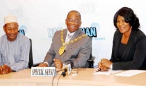 L-R: Deputy Editor-in-Chief, News Agency of Nigeria (nan), Mr Idris Abdulrhaman, president and chairman of council, Nigerian Institute of Management (nim), Dr Nelson Uwaga and another Deputy Editor-in-Chief of nan, Mrs Nkechi Okoronkwo, during a nan forum in Abuja, yesterday. Photo: NAN