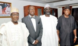 L-R: Ministerial nominees, Dr Abdul Bulama, Prince Adedayo Adeyeye, Alhaji Ibrahim Shekarau, and Dr Steve Oru,  before their screening by the Senate in Abuja, last Wednesday