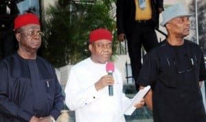 L-R: Governors, Martin Elechi of Ebonyi State, Governor of  Abia State, Theodore Orji  and Deputy Governor of  Anambra State, Nkem Okeke, addressing newsmen after South-East Governors Forum in Enugu, last Sunday. 