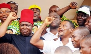 apga National Chairman, Chief Victor Umeh (left), and other members of the party in jubilant mood, after the Court of Appeal, Enugu ruled on Anambra State governorship election last Saturday. Photo: NAN