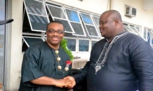 General Manager, Rivers State Newspaper Corporation, Mr Celestine Ogolo (left) welcoming Rtn Paul Ben-Cookey, President-elect, Rotary Club of Port Harcourt, Central District 9140 to The Tide on a courtesy visit. Photo: Ibioye Diama.