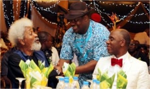 L-R: Prof. Wole Soyinka, Rivers State Deputy Governor Tele Ikuru and Governor Chibuike Amaechi of Rivers State at a dinner in honour of Prof. Wole Soyinka's birthday in Port Harcourt, last Wednesday night 