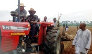 Delta State Commissioner for Agriculture and Natural Resources, Mr Misan Ukubeyinje, operating a tractor at the Federal Government Cassava Farm Project,  to mark the Commencement of cassava planting on the farm in Abraka, recently.