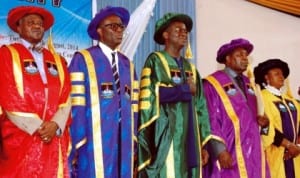 L-R: Vice Chancellor, Lagos State University, Prof Oladapo Obafunwa, Pro- Chancellor, Lagos State University, Mr Olabode Agusto, Governor Babatunde Fashola of Lagos State, Chancellor, Chief Molade Okoya-Thomas and Lagos State Commissioner for Education, Mrs Olayinka Oladunjoye, at the 19th Convocation of the University in Lagos, last Thursday.