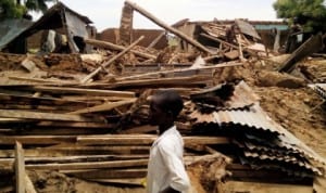 Wreckage of a house destroyed by flood in Ringim Local Government Area of Jigawa State, recently.