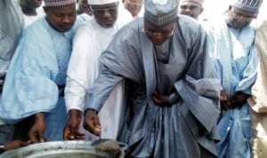 Gov. Sule Lamido of Jigawa State (2nd right),  laying foundation stone for the senate building of the State University at Kafin-hausa recently. Photo: NAN