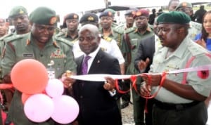 L-R: Chief of Army Staff, Lt.-Gen. Kenneth Minimah, Group Managing Director, Diamond Bank, Dr Alex Otti and Commanding Officer, 65 Battalion, Lt.-Col. Haruna Dasuki, at the inauguration of an Ultra Modern Block for the Battalion in Lagos, recently