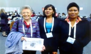 From right: The Tide’s Sogbeba Dokubo, Dr Dorathy Persuad and an excited Professor Francoise Barre-Sinoussi displaying a copy of The Tide Newspaper at the just-concluded 20th International AIDS Conference in Melbourne, Australia