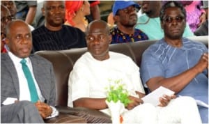 L-R: Governor Chibuike Amaechi of Rivers State, Chief of Staff, Rivers State Government House,  Mr Tony Okocha and former member, House of Representatives, Mr Igo Aguma, during the governor's tour of Obio/Akpor Local Government Council in Port Harcourt, yesterday 