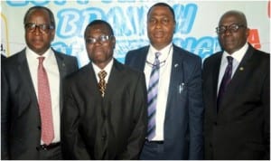 L-R: Guest Speaker, Mr Abiola Popoola, Chairman, Chartered Institute of Personnel Management (CIPN), Oyo State Branch, Mr Kolawole Oyerinde, chairman of the occasion, Mr Olujinmi Olukoya and Registrar of the Institute, Mr Sunday Adeyemi, during the 12th Annual Conference by the Oyo State Branch, in Ibadan, yesterday.