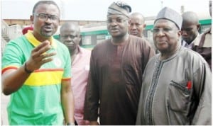 L-R: Lagos District Manager, Nigerian Railway Corporation (NRC), Mr Akin Osinowo, Managing Director of NRC, Mr Adeseyi Sijuwade and Chairman, NRC Board of Directors, Alhaji Bamanga Tukur, during the visit of the NRC Chairman to Cabin 3, Iddo and Apapa Stations in Lagos last Sunday.