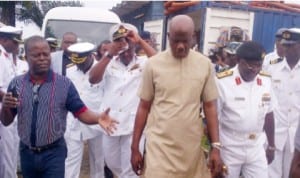 Minister of State for Defence, Amb.Musiliu Obanikoro (middle),with Naval officers, during his familiarisation visit to the Navy Town, Ojo, in Lagos last Tuesday