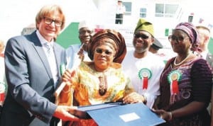 L-R: Vice Chairman, Navimor Group, Mr Roman Kinda; First Lady, Dame Patience Jonathan; Minister of Agriculture, Dr Akinwumi Adesina and Minister of State for Agriculture, Mrs Asabe Hamed , at the inauguration and Christening of Federal Ministry of Agriculture newly acquired fishing vessel in Poland, recently.       Photo: NAN