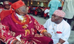 Gbenemene of Tai Kingdom, President Supreme Council of Ogoni Traditional Rulers and Chairman Rivers State Council of Traditional Ruters, King Godwin N.K. Gininwa (left), with his Chief of Staff and Gbenemene Mene, Samuel Nnee (right) during the thanksgiving service to  mark the 75 years Birthday of King Giniwa in Port Harcourt, recently.