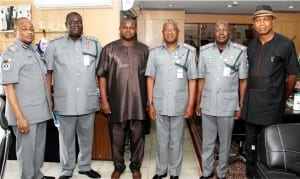 L-R: Deputy Comptroller-General (DCG) of Customs, Trade and Tariff, Mr Akinade Adewuyi; DCG, Human Resources, Mr Ibrahim Mera, Managing Director, News Agency of Nigeria (NAN), Mr Ima Niboro; Comptroller-General of Customs (CGC), Alhaji Dikko Abdullahi; DCG, Enforcement, Investigation and Inspection, Mr Tahir Musa and Special Assistant to NAN  Managing Director, Mr Obiora Chukwumba, during a courtesy visit to CGC's office in Abuja yesterday.