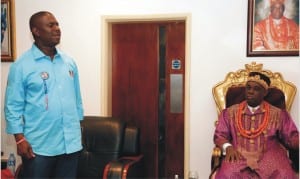 APC governorship candidate in Rivers State,Dr. Dakuku Peterside,  speaking with Eze Victor Woluchem, Eze Apara Rebisi  in his palace during a ward to ward rally in PHALGA