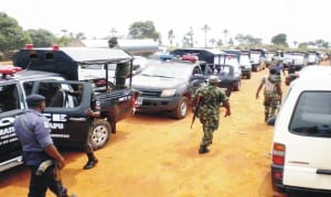 Combined team of security agencies embarking on road walk in respect of forth coming election on Enugu-Onitsha expressway, yesterday.