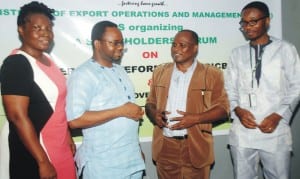 L-R: Manager, Agriculture and Fisheries Sector, Institute of Export Operations and Management (Ieom), Mrs Ovueziue Elo, Market Development Officer, Pind Foundation, Mr Misan Edema-Sillo, Executive Secretary, Ieom, Mr Ofon Udofia and Assistant Manager, Bank of Industry, Mr Harrison Osauwagwe, at the 2015 Institution of Export Operations and Management Stakeholders Forum on E-commerce Platform for Agric-business in Port Harcourt recently .