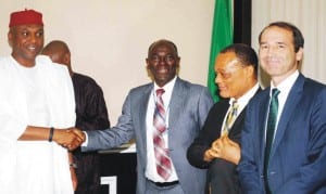 Minister of Aviation, Chief Osita Chidoka (left), welcoming the Executive Secretary, Major Oil Marketers Association of Nigeria, Mr Obafemi Olawore, Chibueze Anyafulu and Alxis Vovx of Total Nigeria Plc, to his office during the visit of a delegation of major oil marketers in Abuja, recently.                                        Photo: NAN