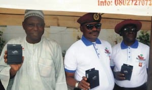 L-R: Oyo State Commissioner for Transport, Prof. Nurain Tanimowo, Zonal Commander,  Frsc Zone 11, Assistant Corps Marshal, Luka Kinya and Sector Commander, Frsc Oyo State, Sir Luka Ikpi; displaying the Maximum Speed Limiter at the sensitisation campaign on maximum speed limit in Ibadan last Wednesday 