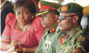 L-R: NYSC Coordinator in Rivers State, Mrs Ngozi Nwatarali, Director-General of NYSC, Brig.-Gen. Johnson Olawumi and Commander, 2 Brigade, Brig.-Gen. Koko Essien, during the Director-General's pre-election advocacy tour to 2 Brigade in Port Harcourt, yesterday