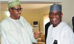 President-elect, Muhammadu Buhari (left) exchanging banters with Senate President, David Mark when the latter paid a courtesy visit on the former in Abuja, yesterday