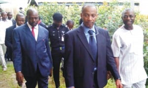 Speaker, Edo State House of Assembly, Mr Uyi  Igbe (middle) and his colleagues inspecting the abandoned main assembly complex at the King’s Square in Benin, recently.       Photo: NAN