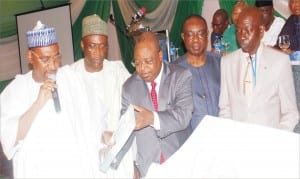 L-R: Accountant-General of the Federation, Mr Jonah Otunla, representative of the Vice President, Amb. Bashir Yuguda; Head of the Civil Service of the Federation, Mr Danladi Kifasi; Permanent Secretary, Ministry of Land and Urban Development, Mr George Ossi and Auditor-General of the Federation,  Mr Samuel Ukura,  during  the launch of Accrual Accounting Manual,  International Public Sector Accounting Standards  Compliant In Nigeria (IPSAS)in Abuja recently.