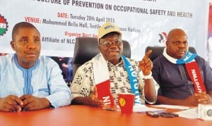 L-R:   Deputy General Secretary,  National Union of Textile Garment and Tailoring Workers of Nigeria, (Nutgtwn),  Comrade Sylvester Chimeeze, Secretary General,  Comrade Issa Aremu and National Treasurer, Comrade John Adaji, at  a news conference to mark World Day for Occupational Health and Safety in Kaduna, recently.