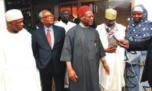 Chairman, Presidential Advisory Council on International Relations (Pacir), Chief Emeka Anyaoku (middle), addressing State House Correspondents after a Breakfast Meeting with President Jonathan at the Presidential Villa in Abuja recently. With him are other members of the council.