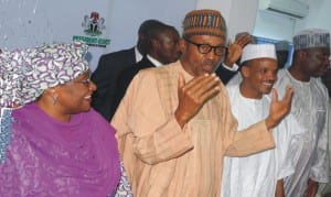 R-L: Apc Taraba Gubernatorial Cadidate, Senator Aisha Alhassan, President-elect, Maj.-Gen. Muhammadu Buhari, Chairman of APC in Taraba State, Alhaji Jika Hassan and Chief Whip Rep Ishala Baurau during their visit to President, elect, Maj.-Gen. Muhammadu Buhari in Abuja