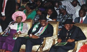 Former President Goodluck Jonathan (right) with Bayelsa State Governor, Hon Seriake Dickson (middle) and his wife, Rachael, during a civic reception in honour of Jonathan in Yenagoa, last Friday